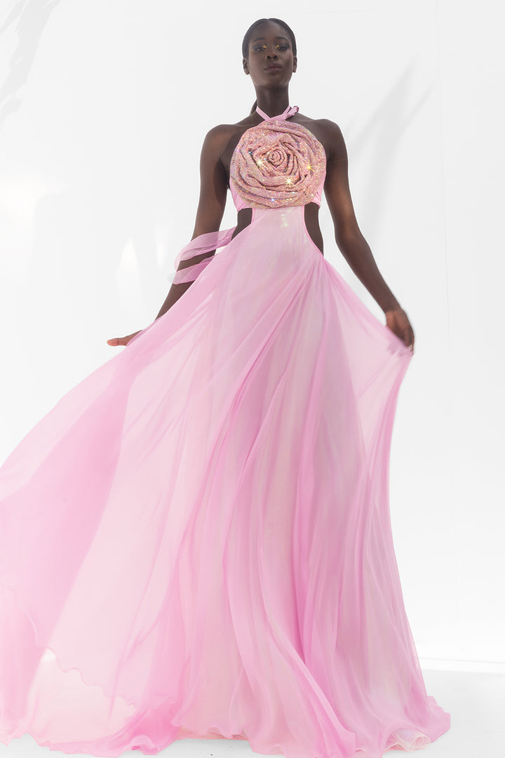 Satin A-line Dress with Crystal Chainmail Flower
