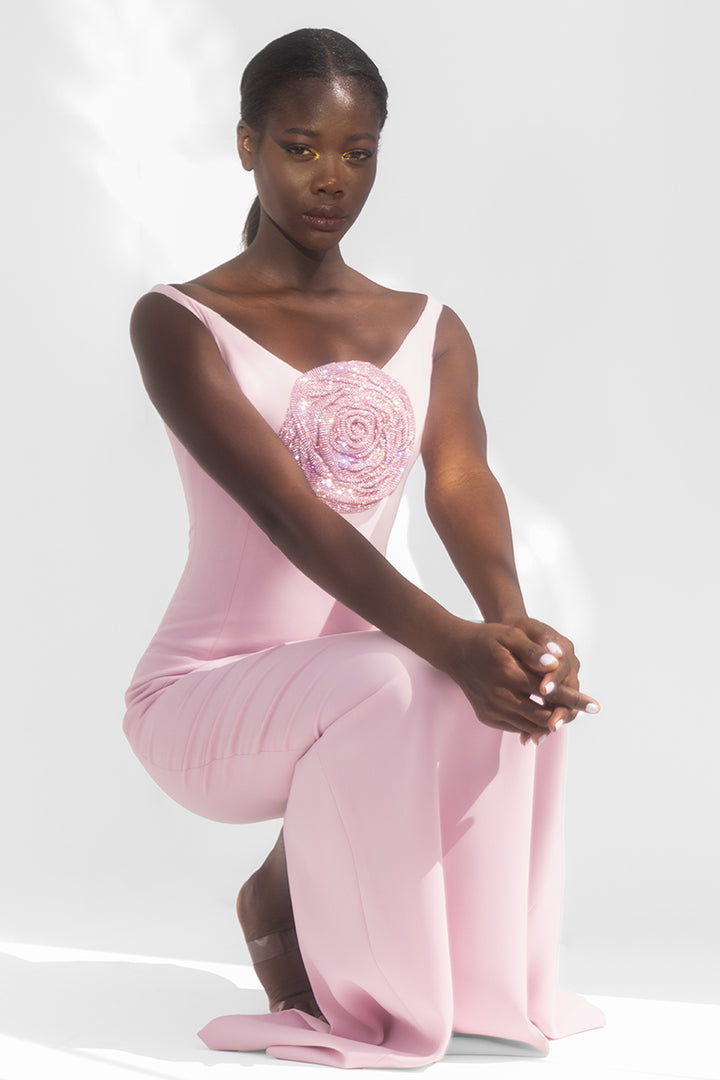 Crepe Sleeveless Straight-Cut Dress with Crystal Chainmail
