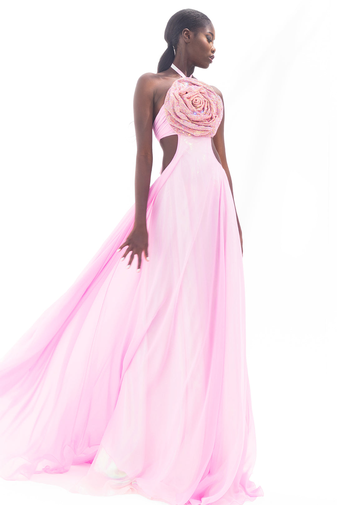 Satin A-line Dress with Crystal Chainmail Flower