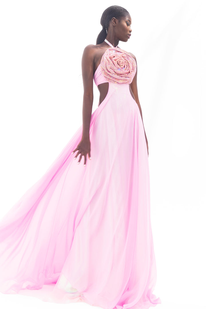 Satin A-line Dress with Crystal Chainmail Flower