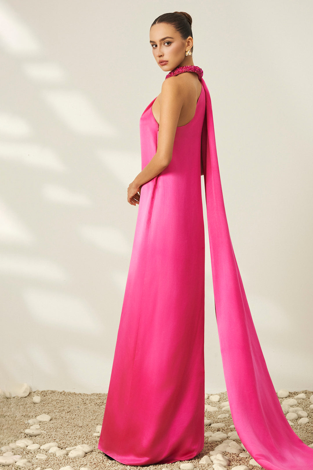 Asymmetrical Halter with Micro-Beaded Collar Dress