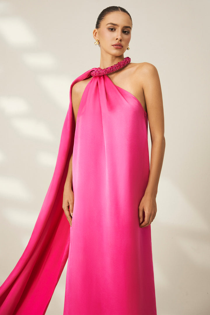 Asymmetrical Halter with Micro-Beaded Collar Dress