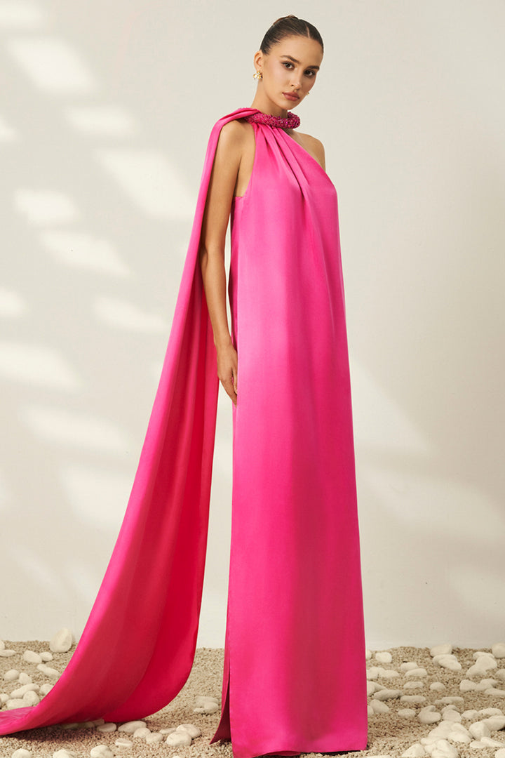 Asymmetrical Halter with Micro-Beaded Collar Dress