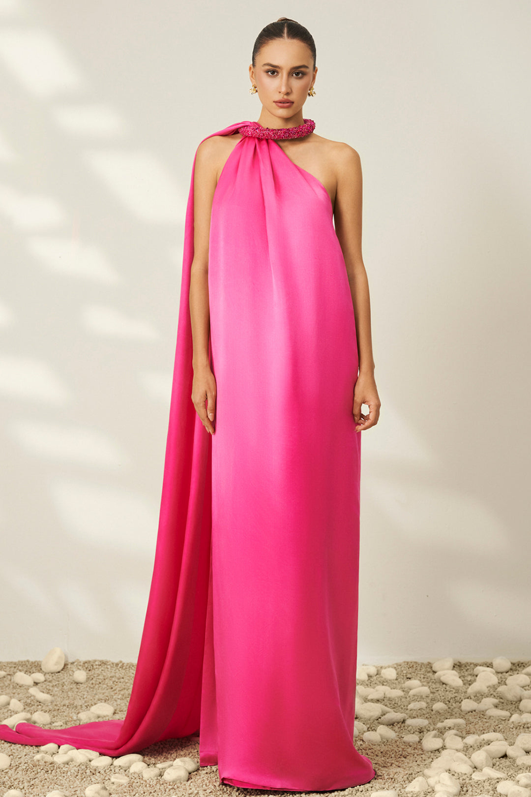 Asymmetrical Halter with Micro-Beaded Collar Dress
