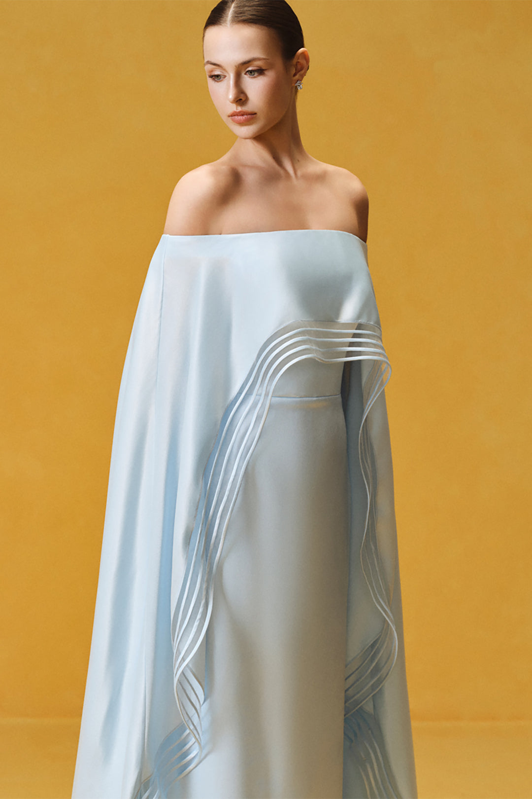 Off-the-Shoulder with Cape Satin and Sheath Dress
