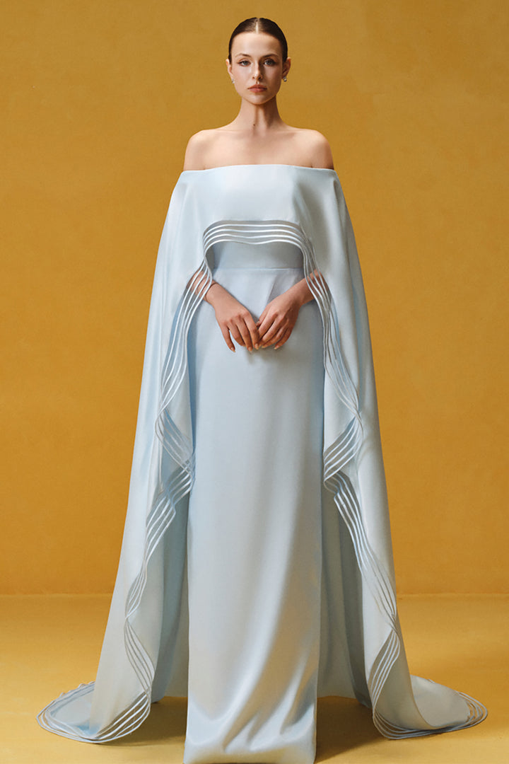 Off-the-Shoulder with Cape Satin and Sheath Dress