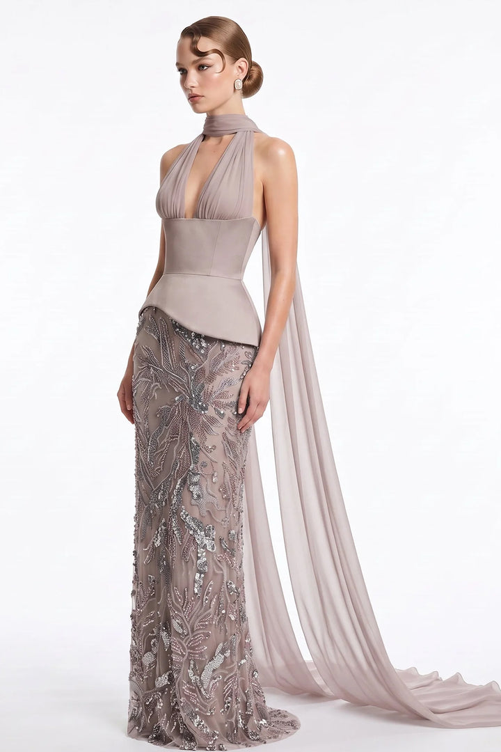 Plunging V-Neckline Cape with Column Dress