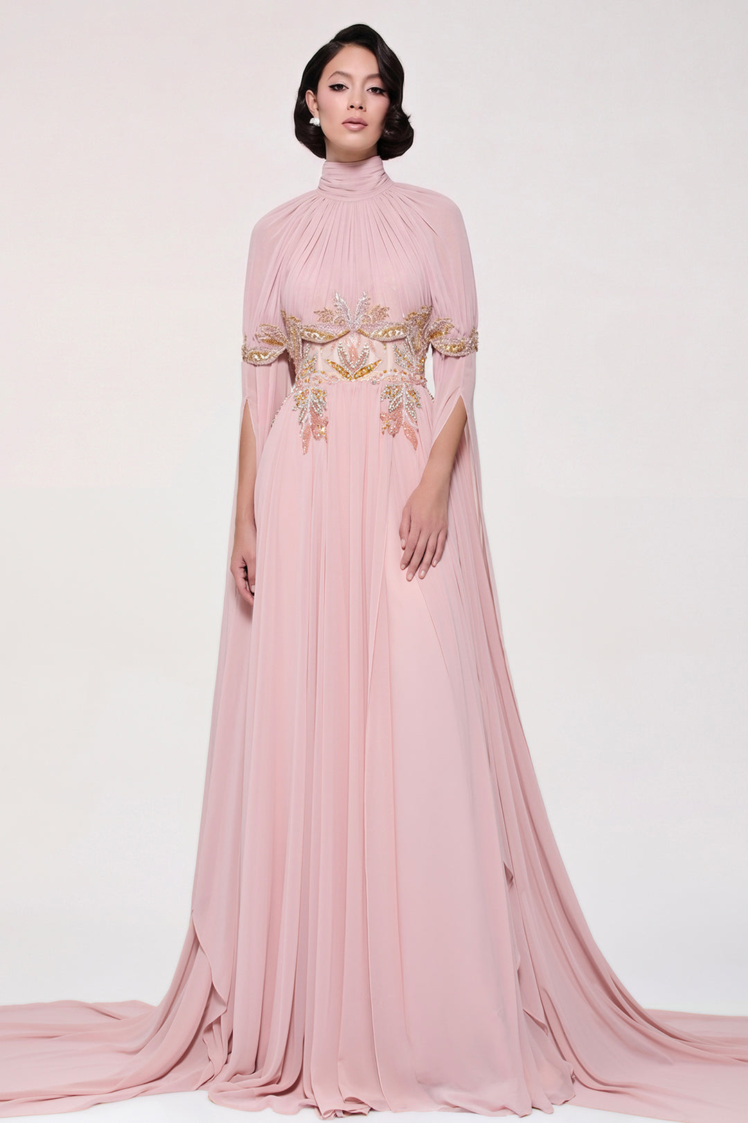 Floral Embroidered Chiffon Dress with Slit Sleeves