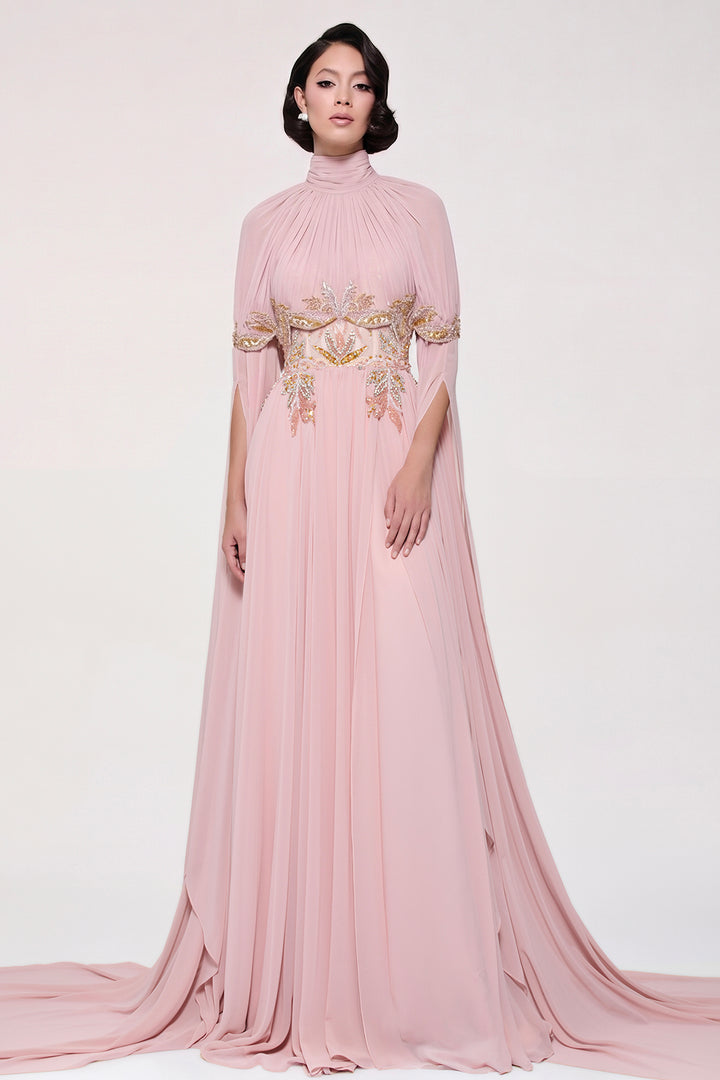 Floral Embroidered Chiffon Dress with Slit Sleeves