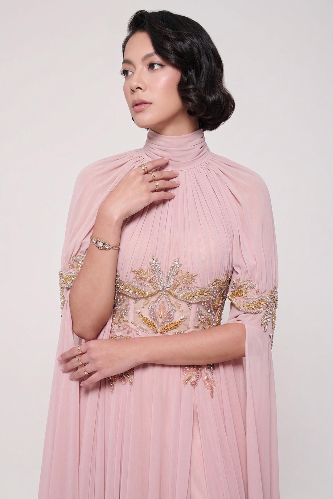 Floral Embroidered Chiffon Dress with Slit Sleeves
