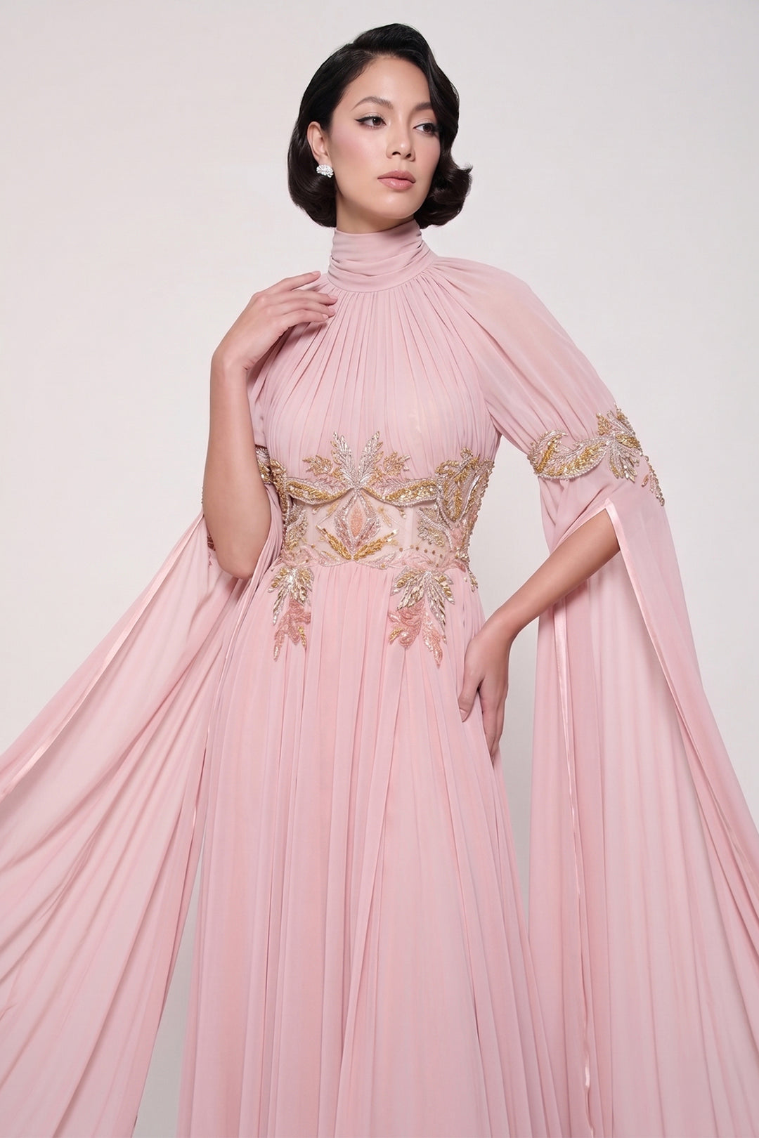 Floral Embroidered Chiffon Dress with Slit Sleeves