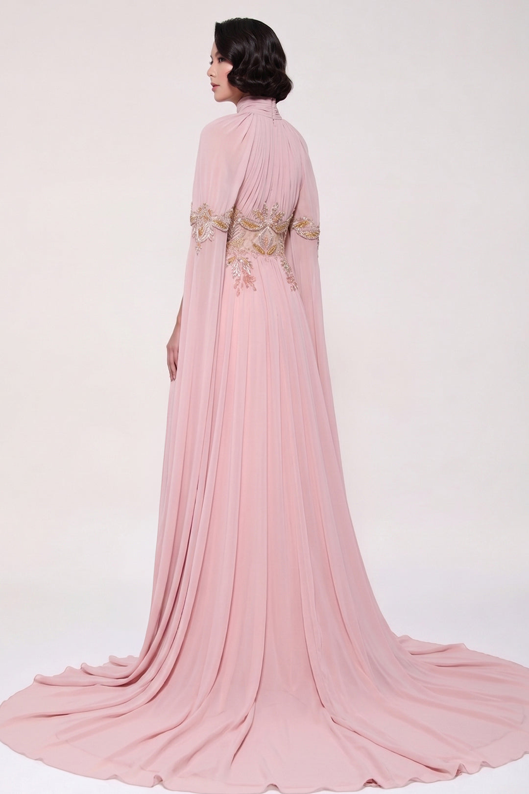 Floral Embroidered Chiffon Dress with Slit Sleeves