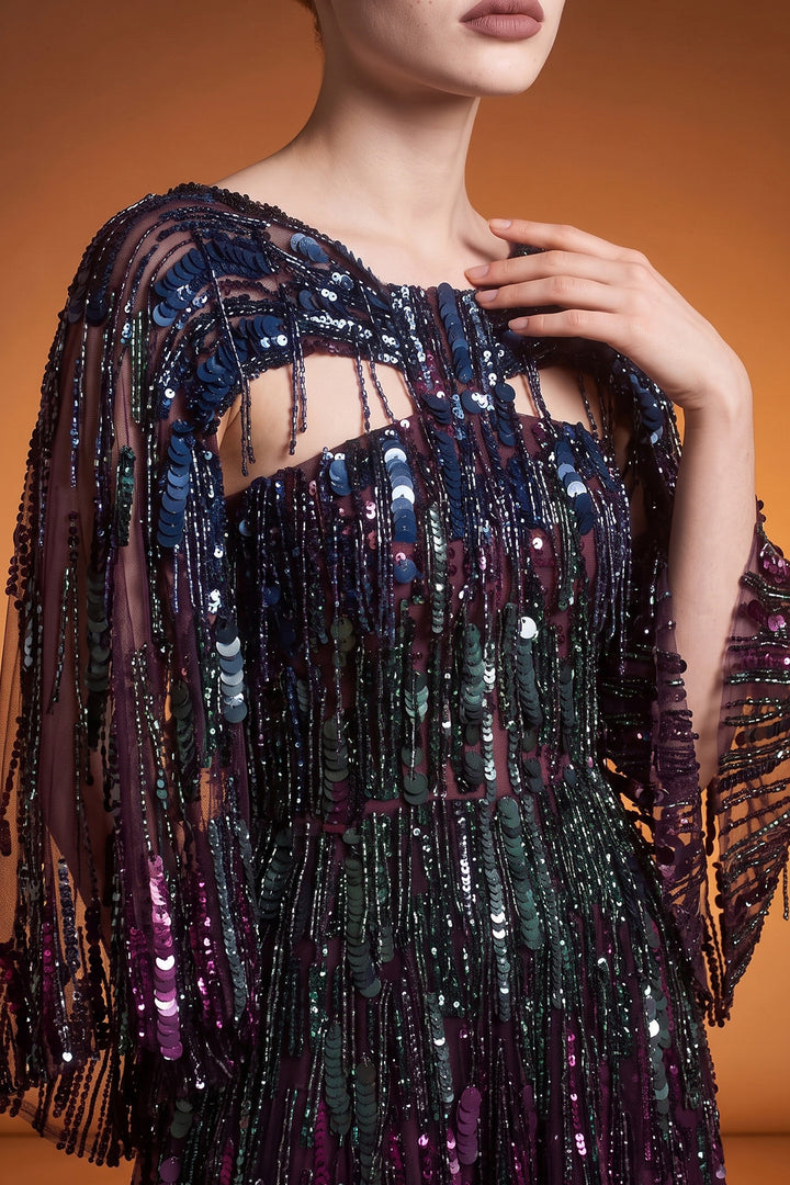 Cape Sleeve Corseted with A-line Long Dress