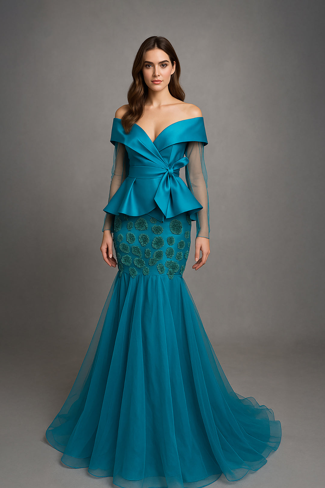 mermaid dress with tulle bottom Sheer-Waist Long Mermaid Prom Dress with Ruffles Light Blue / 4