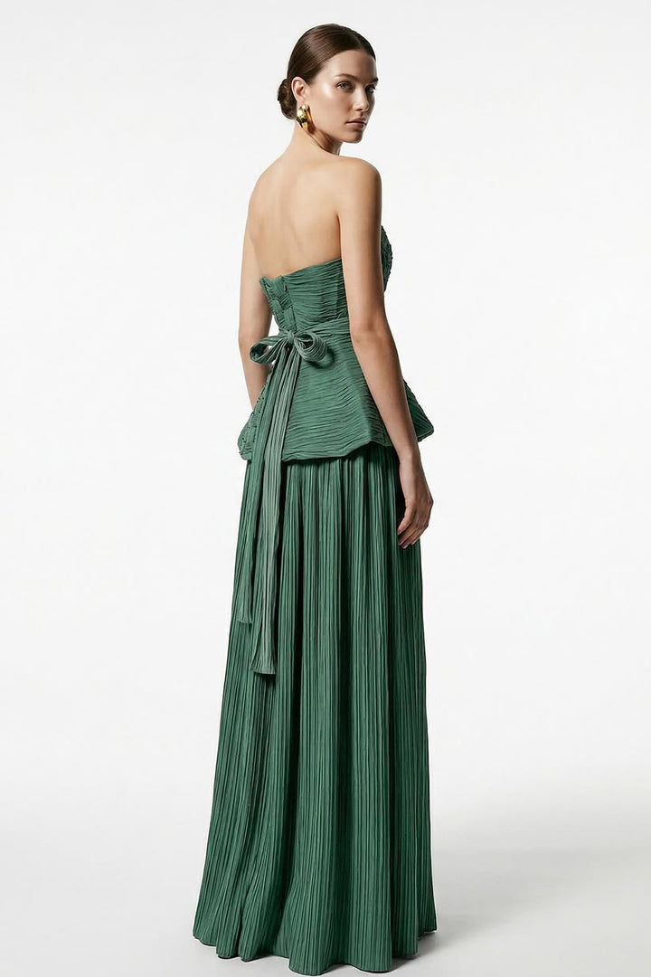 Strapless Pleated Dress with Peplum Waist