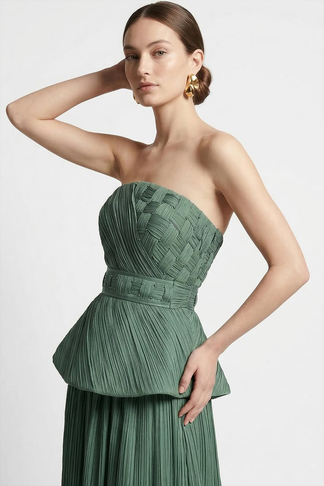 Strapless Pleated Dress with Peplum Waist