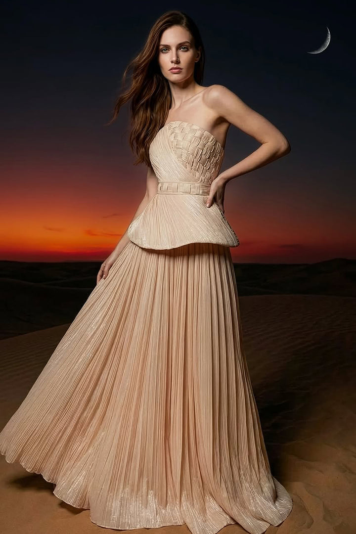 Strapless Pleated Dress with Peplum Waist
