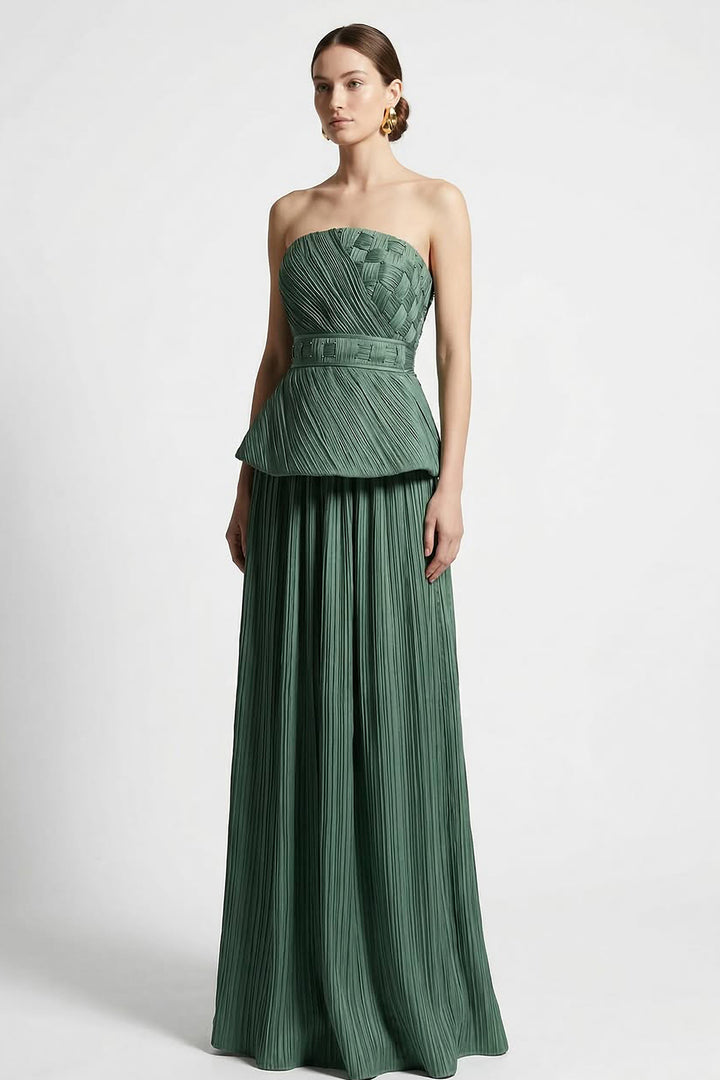 Strapless Pleated Dress with Peplum Waist