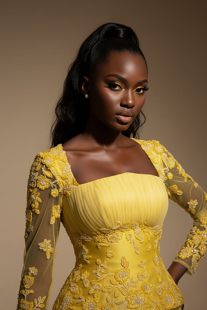 Lace Bodice Pleated Dress with Beaded Embroidery