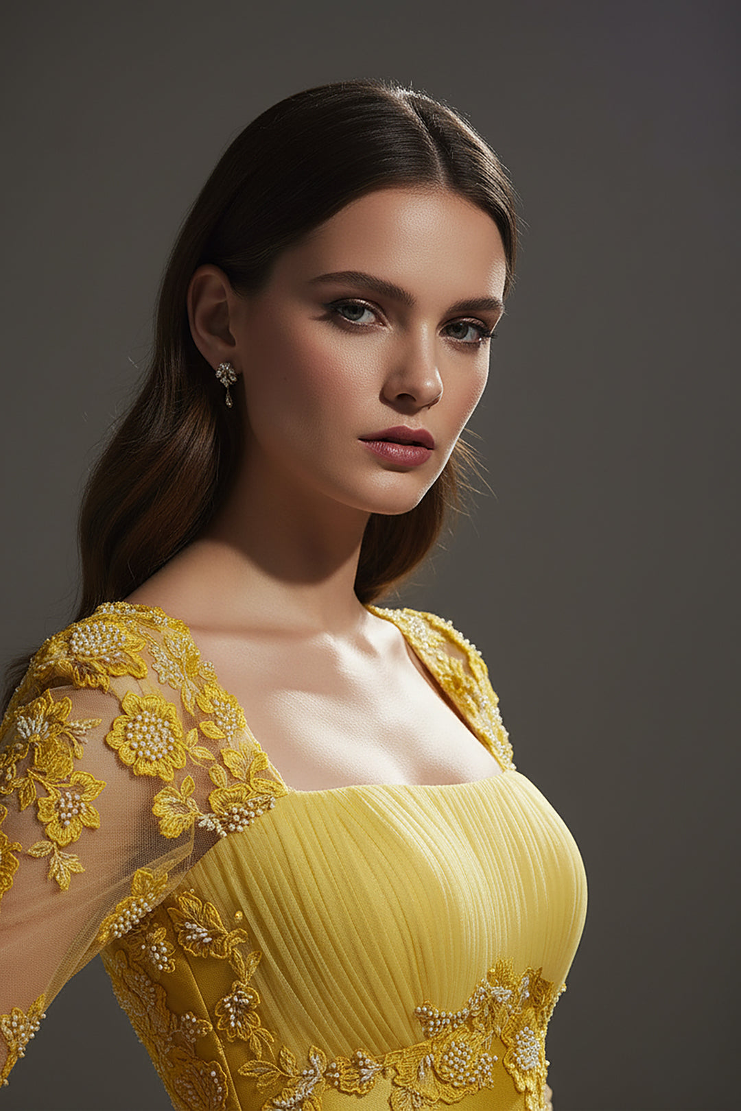 Lace Bodice Pleated Dress with Beaded Embroidery