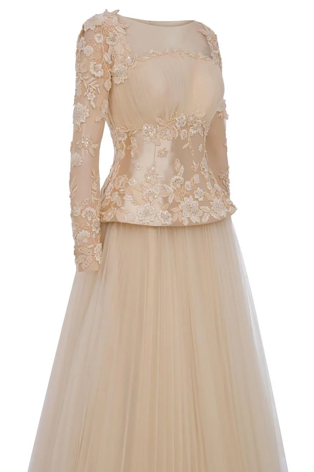 Lace Bodice Pleated Dress with Beaded Embroidery