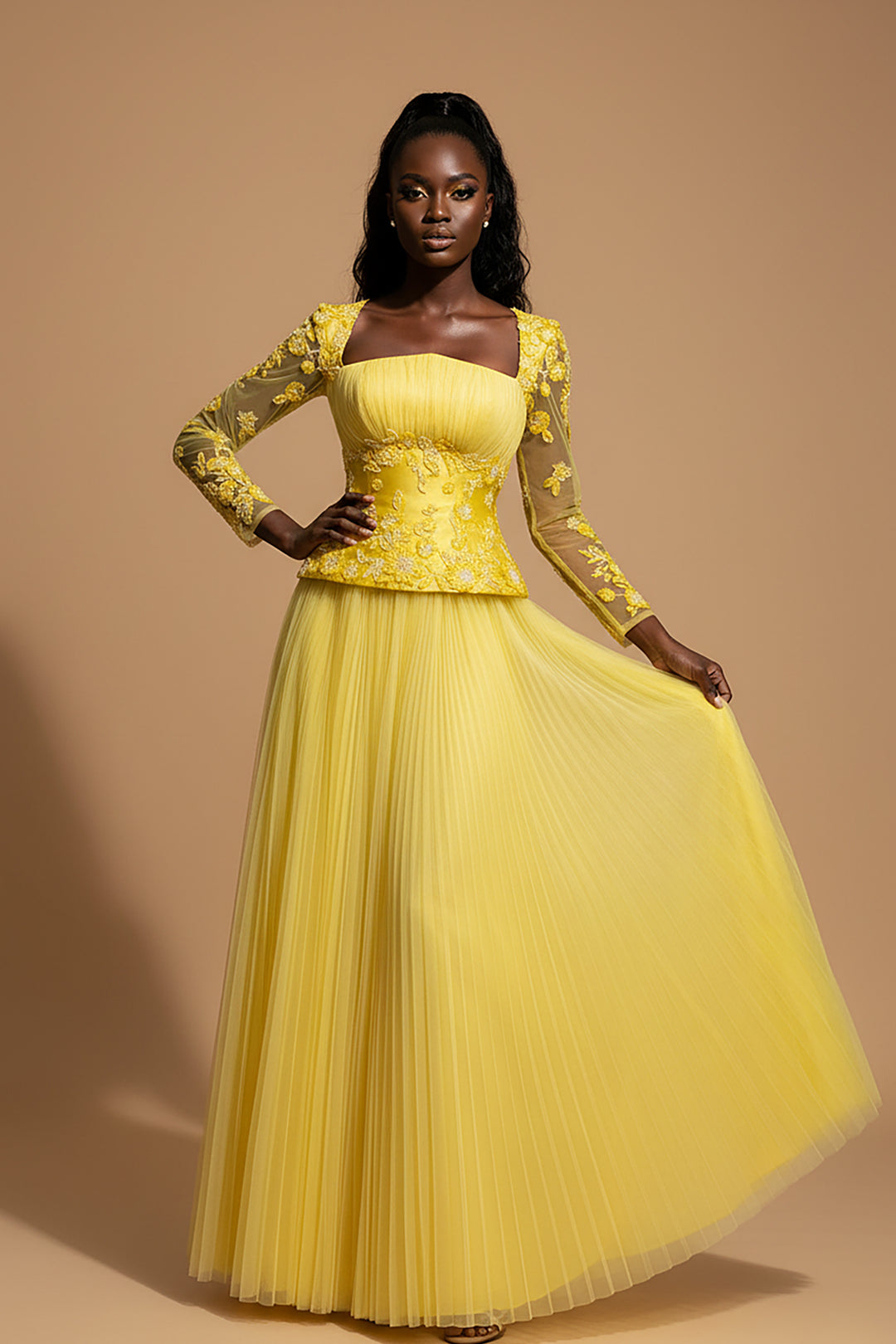 Lace Bodice Pleated Dress with Beaded Embroidery