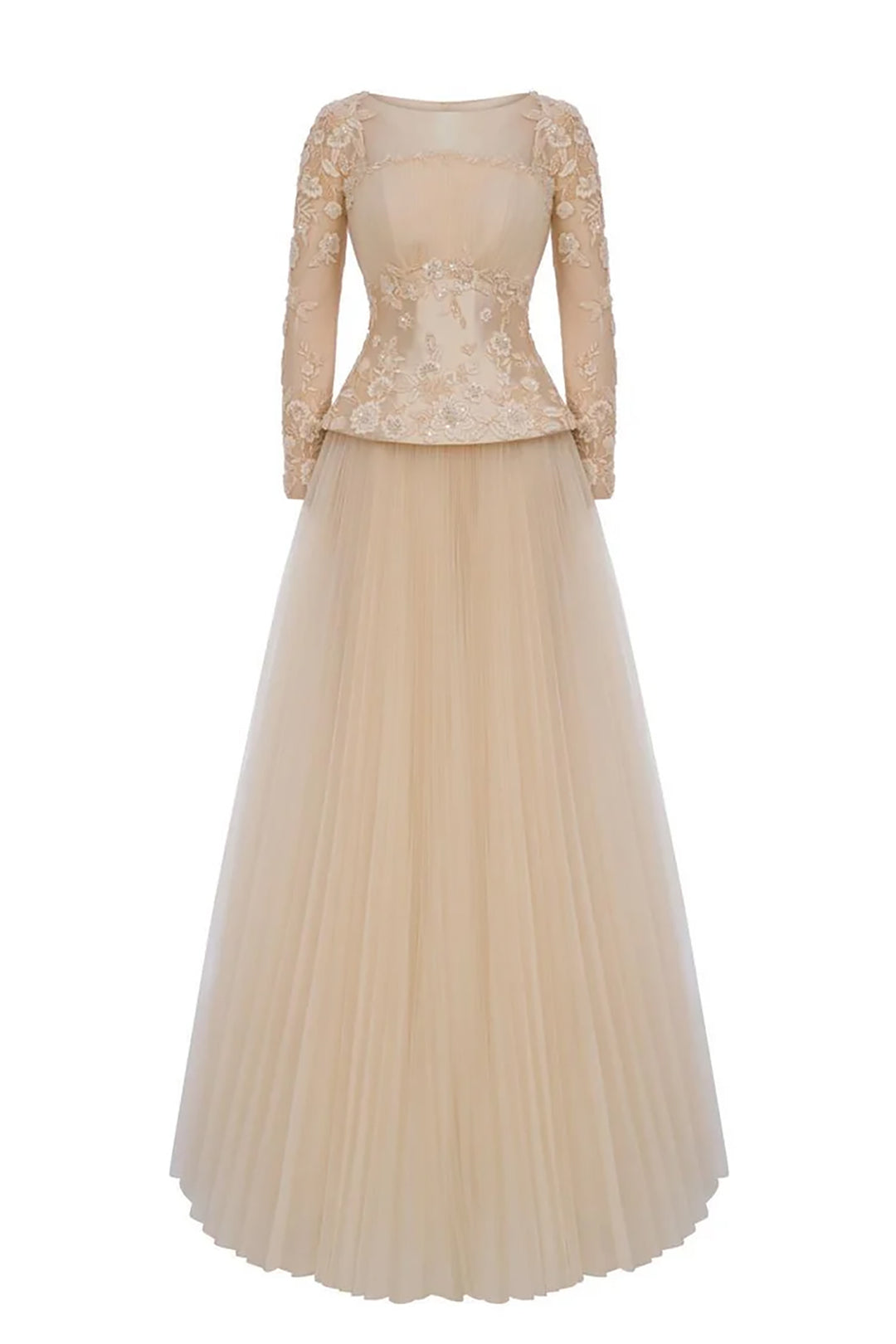 Lace Bodice Pleated Dress with Beaded Embroidery