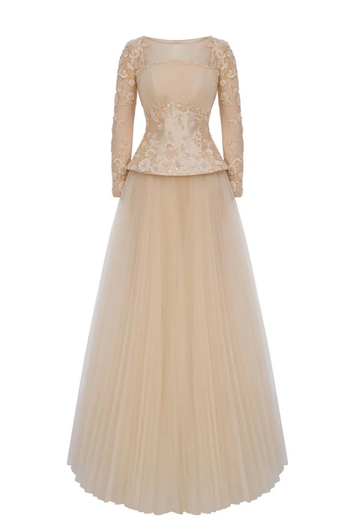 Lace Bodice Pleated Dress with Beaded Embroidery