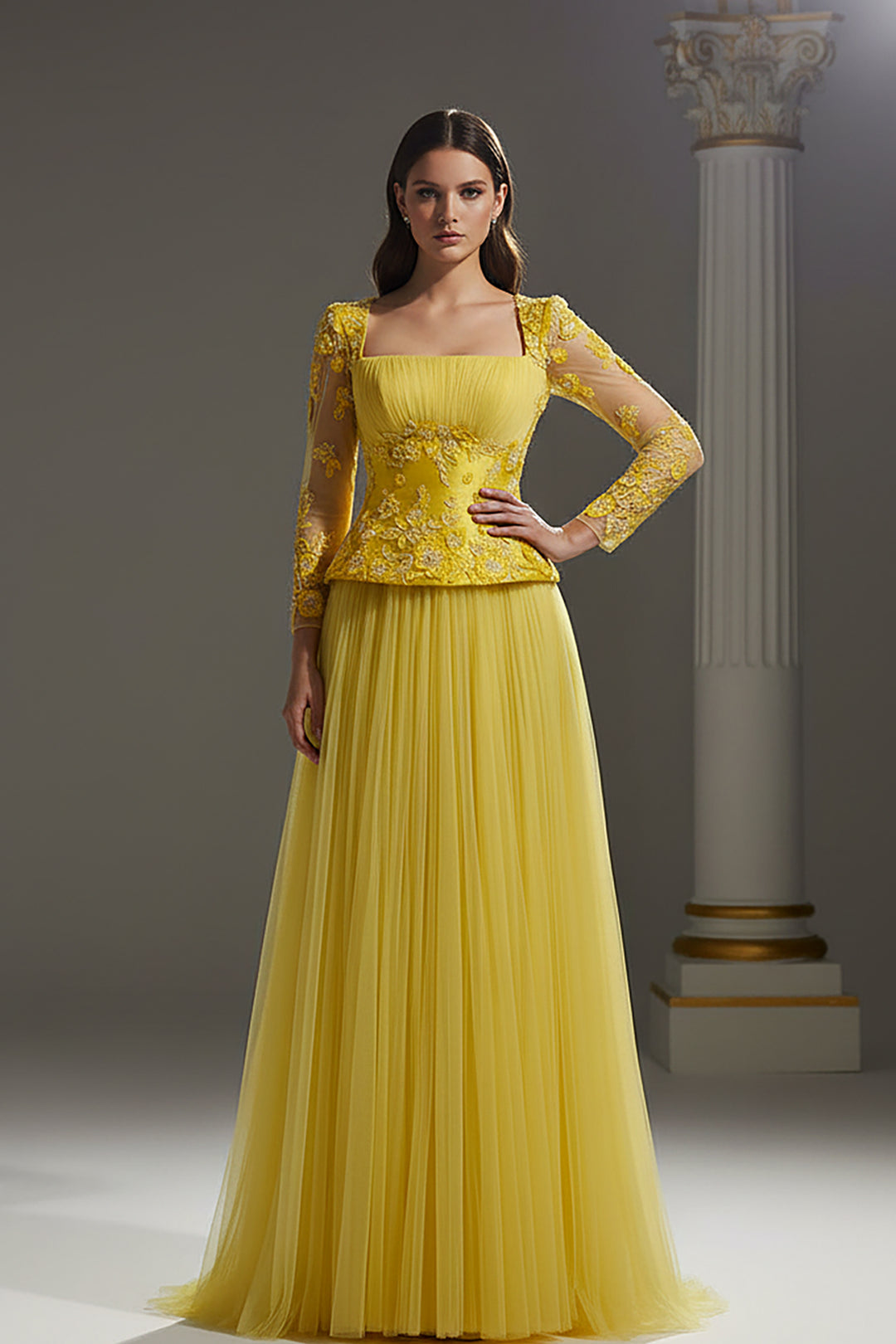 Lace Bodice Pleated Dress with Beaded Embroidery