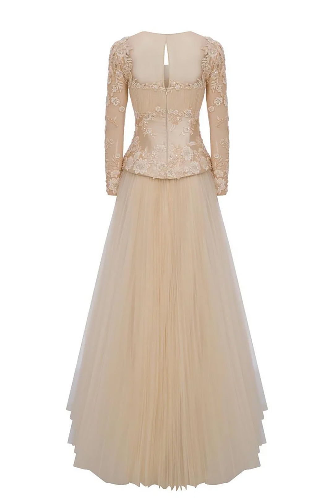 Lace Bodice Pleated Dress with Beaded Embroidery