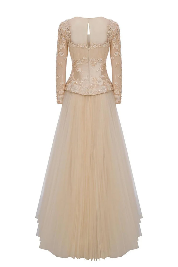 Lace Bodice Pleated Dress with Beaded Embroidery