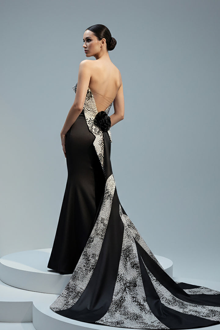 Satin Strapless Mermaid with Jacquard Accents