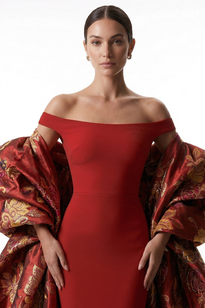 Sculptural Off-The-Shoulder with Column Dress