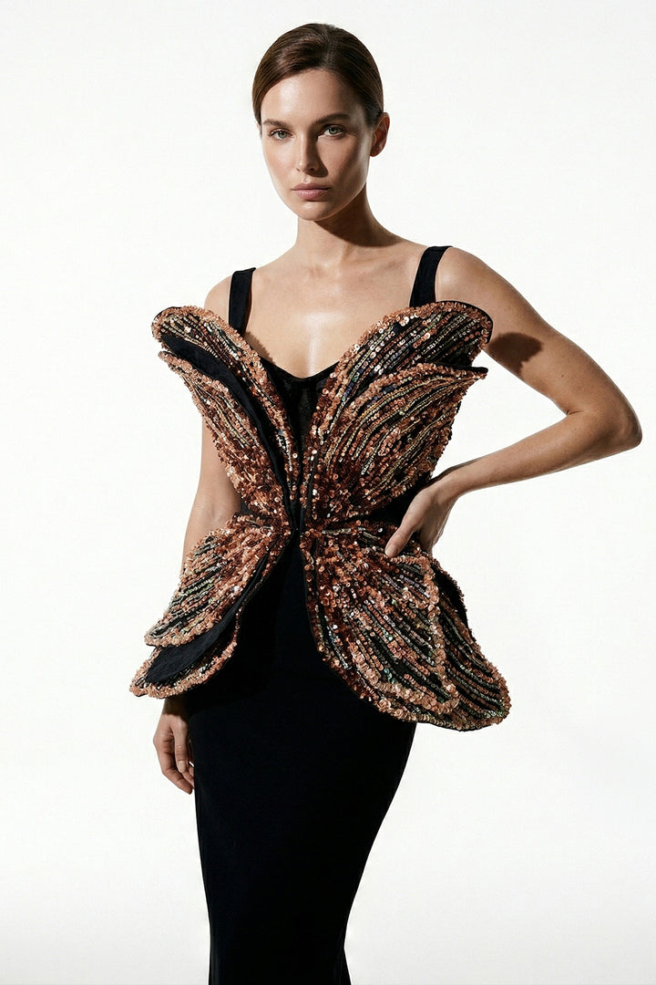 Avant-Garde 3D Sculptural Bodice Column Dress