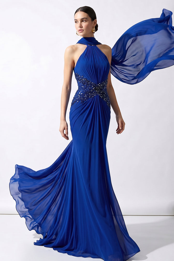 Embellished Halter Chiffon Dress with Flowing Scarf Cape