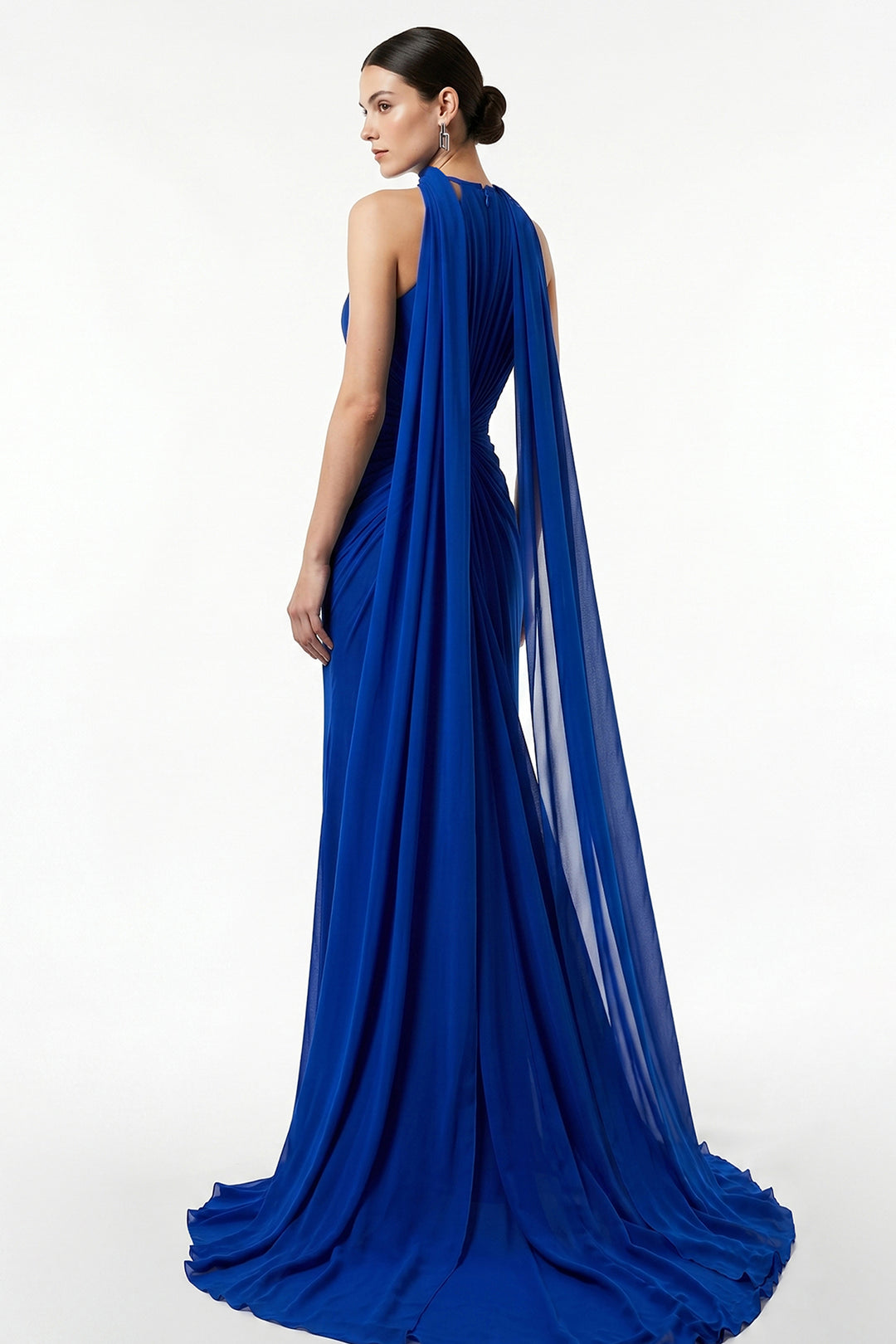 Embellished Halter Chiffon Dress with Flowing Scarf Cape