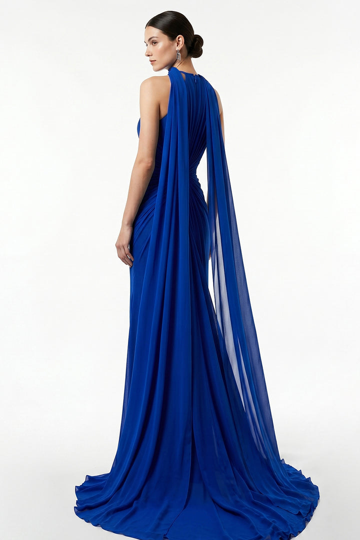 Embellished Halter Chiffon Dress with Flowing Scarf Cape
