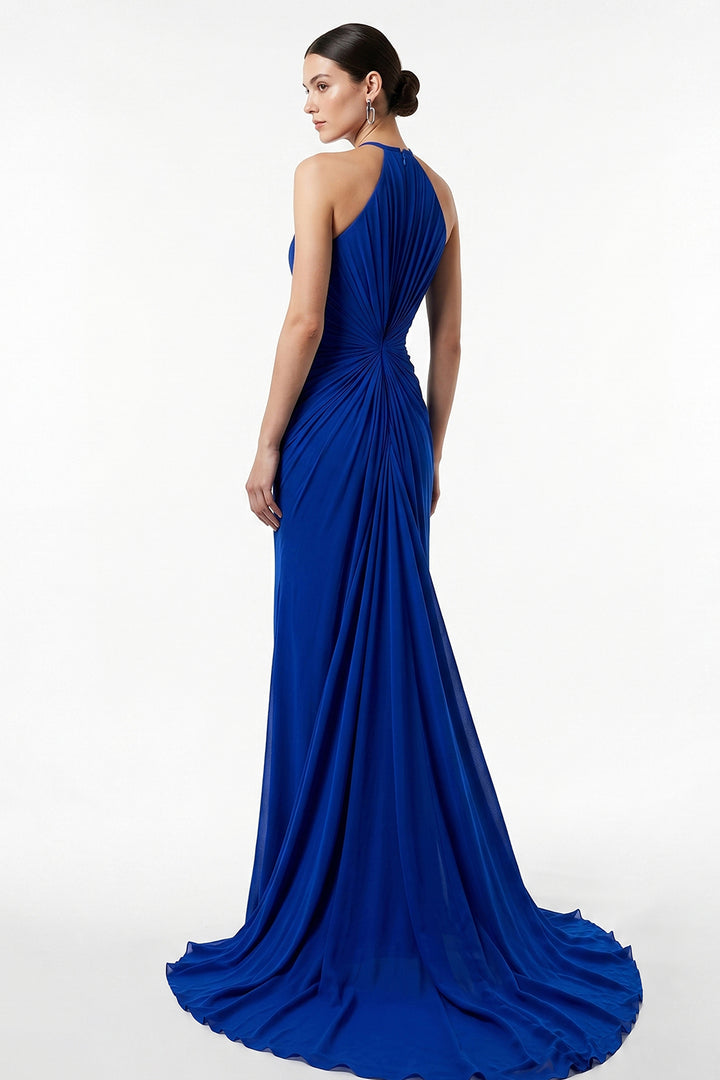 Embellished Halter Chiffon Dress with Flowing Scarf Cape