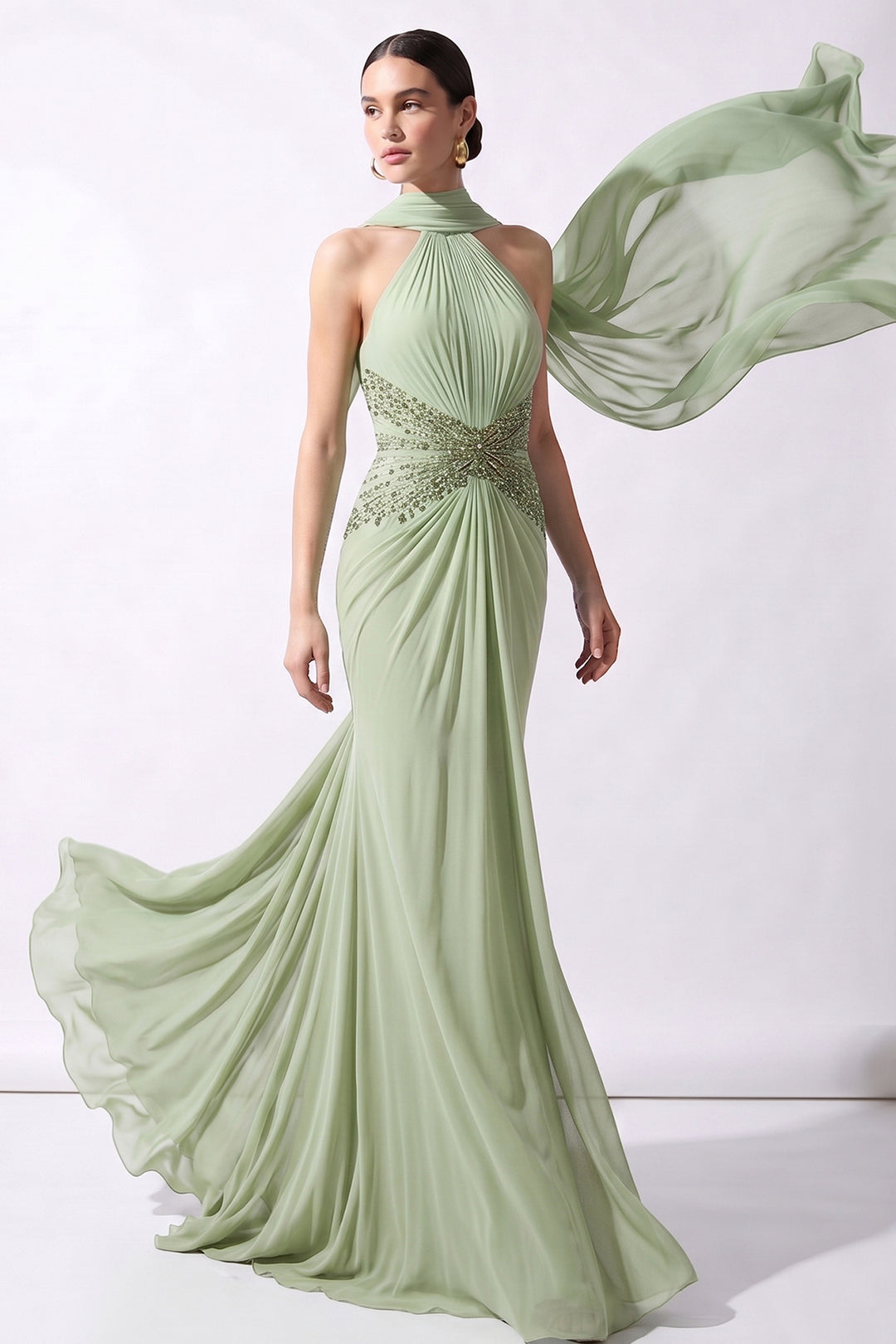 Embellished Halter Chiffon Dress with Flowing Scarf Cape
