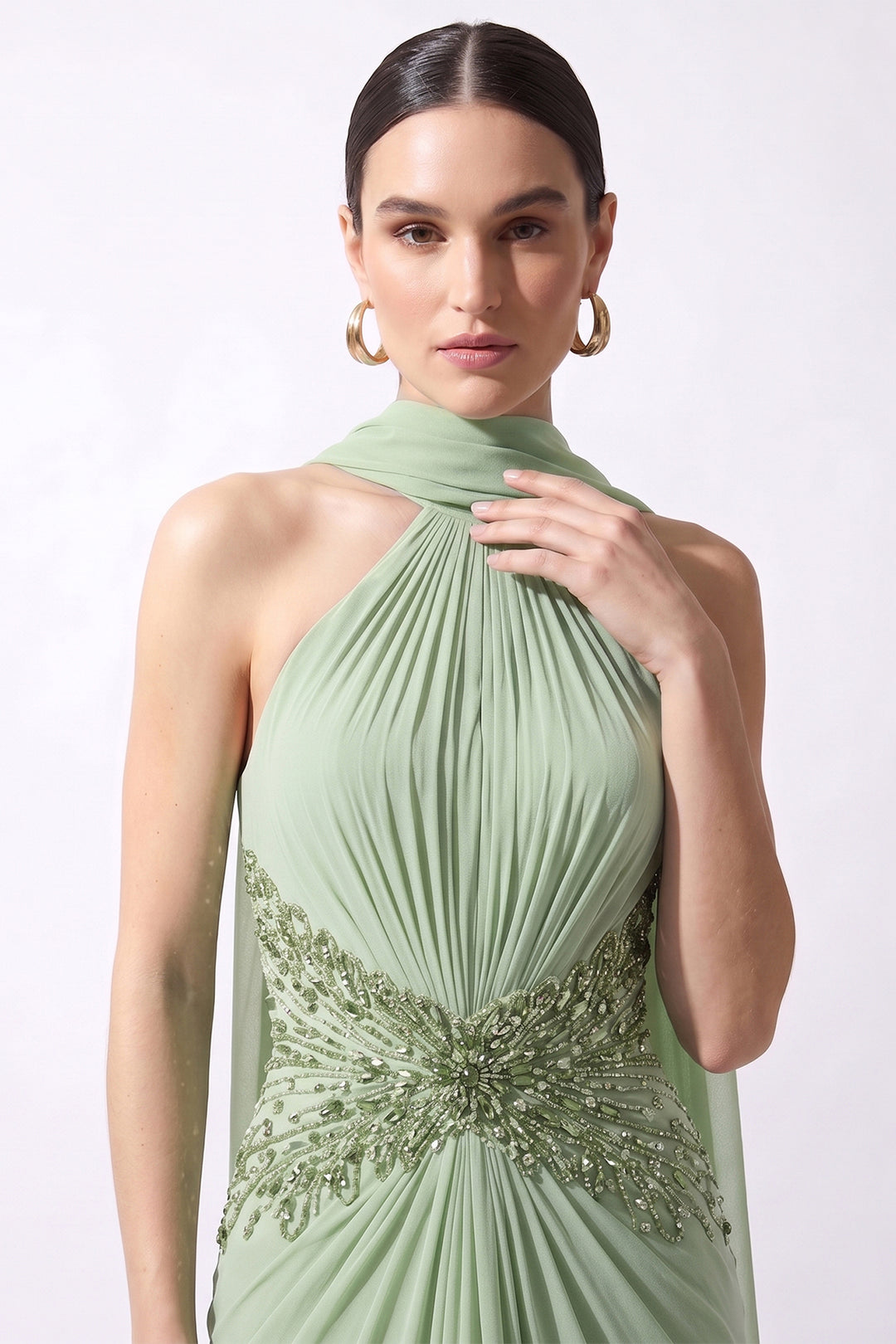Embellished Halter Chiffon Dress with Flowing Scarf Cape