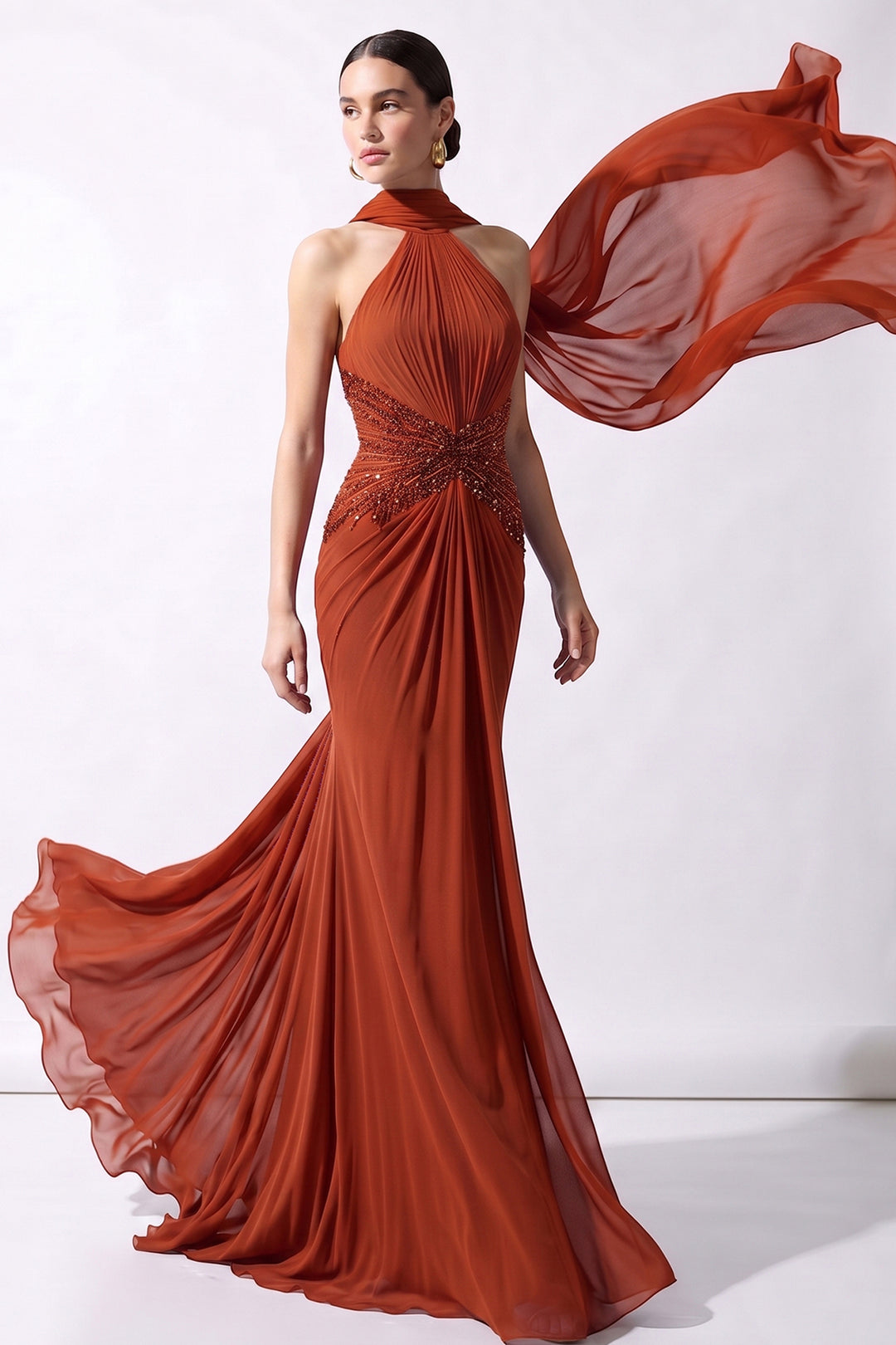 Embellished Halter Chiffon Dress with Flowing Scarf Cape