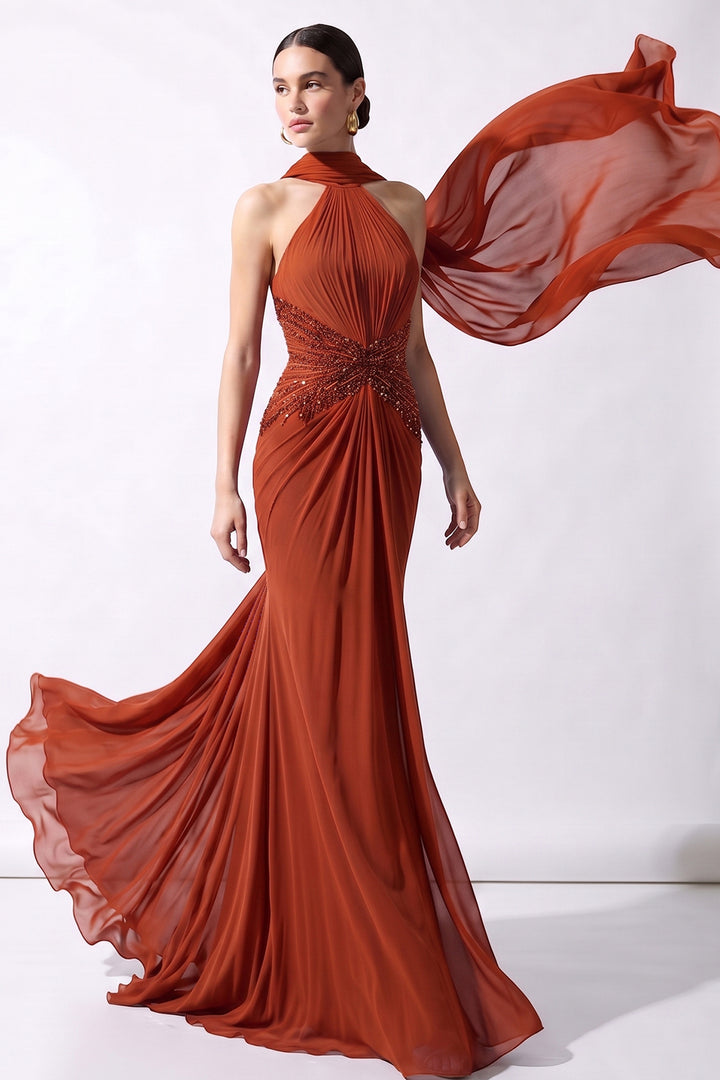 Embellished Halter Chiffon Dress with Flowing Scarf Cape