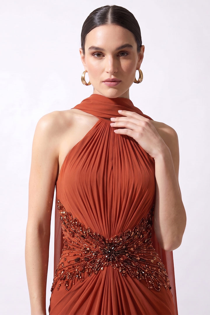 Embellished Halter Chiffon Dress with Flowing Scarf Cape