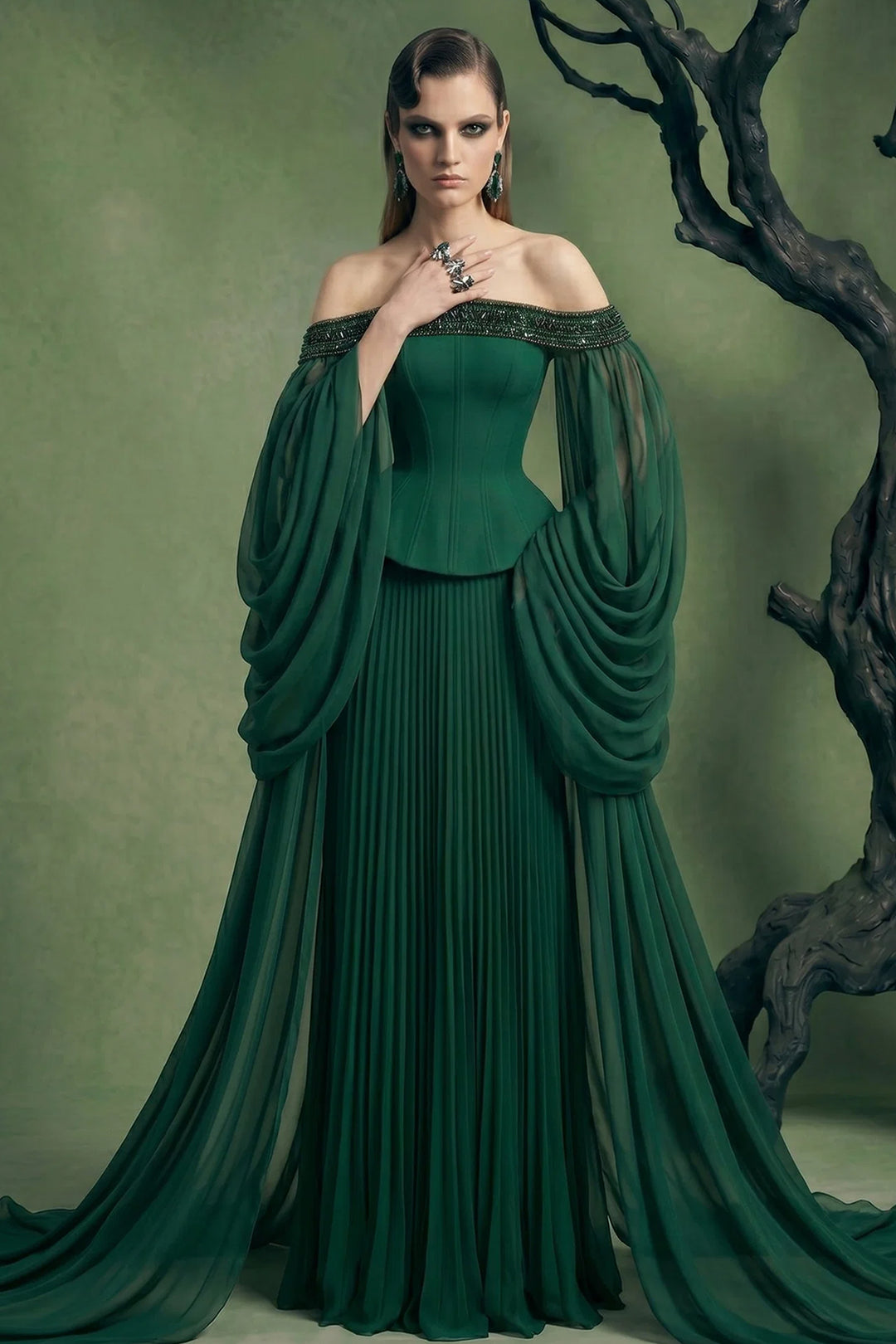 Embellished Off-The-Shoulder Chiffon Cape Dress