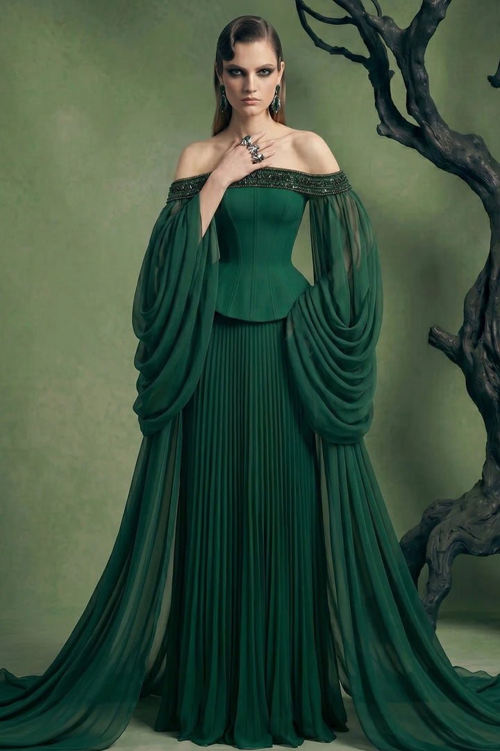 Embellished Off-The-Shoulder Chiffon Cape Dress