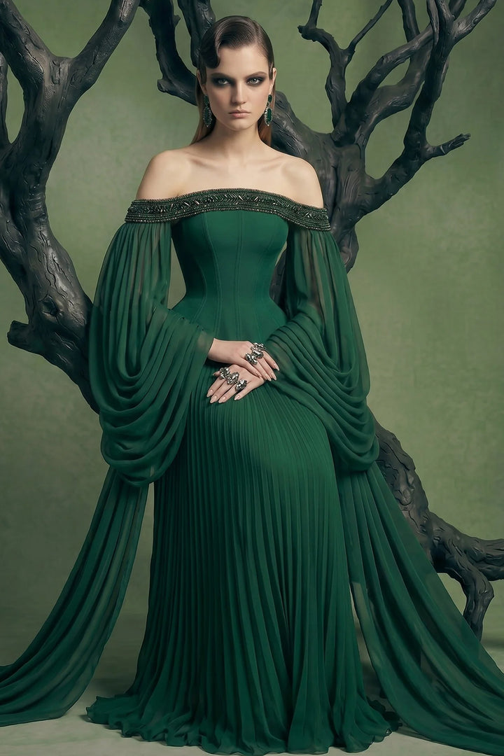 Embellished Off-The-Shoulder Chiffon Cape Dress