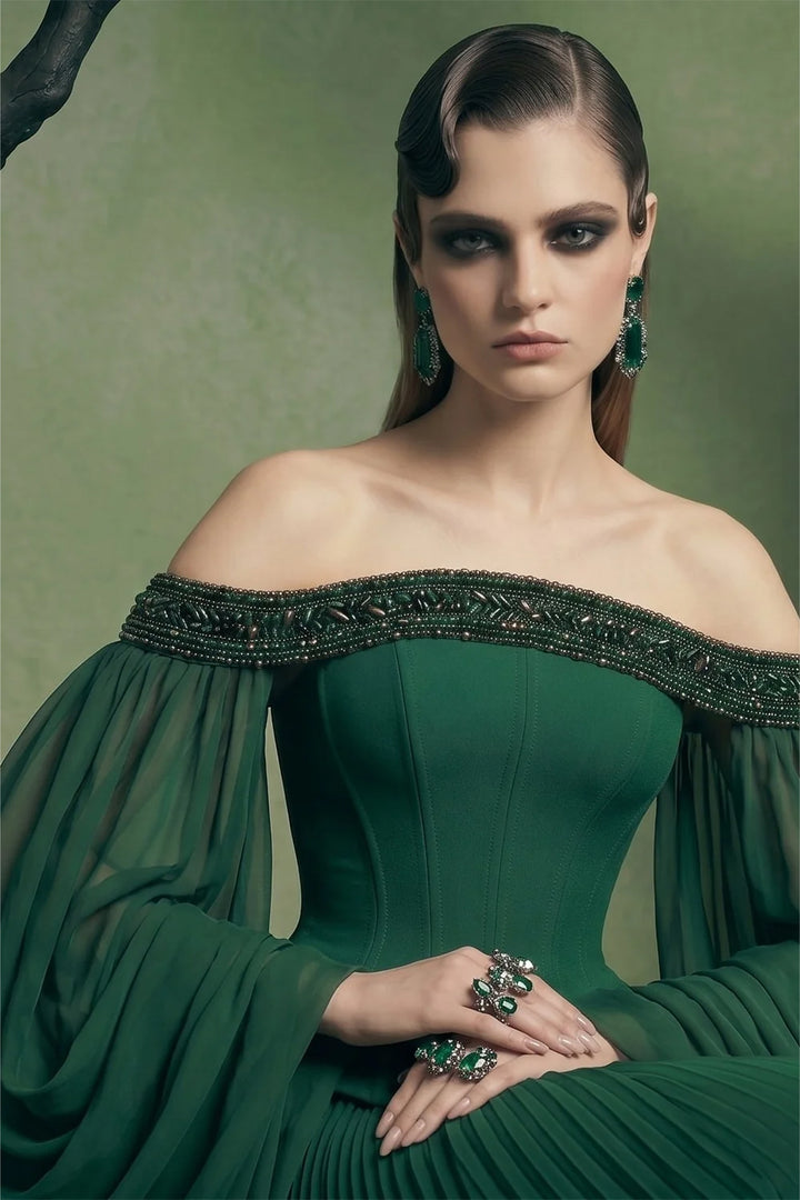 Embellished Off-The-Shoulder Chiffon Cape Dress