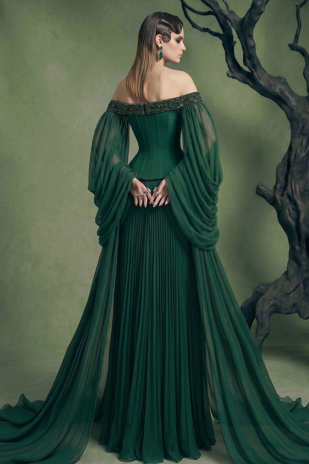 Embellished Off-The-Shoulder Chiffon Cape Dress