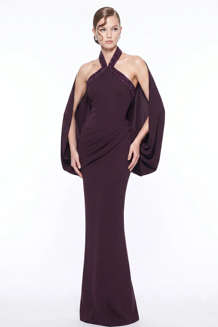 Beaded Halter Neckline Cape Column Dress
