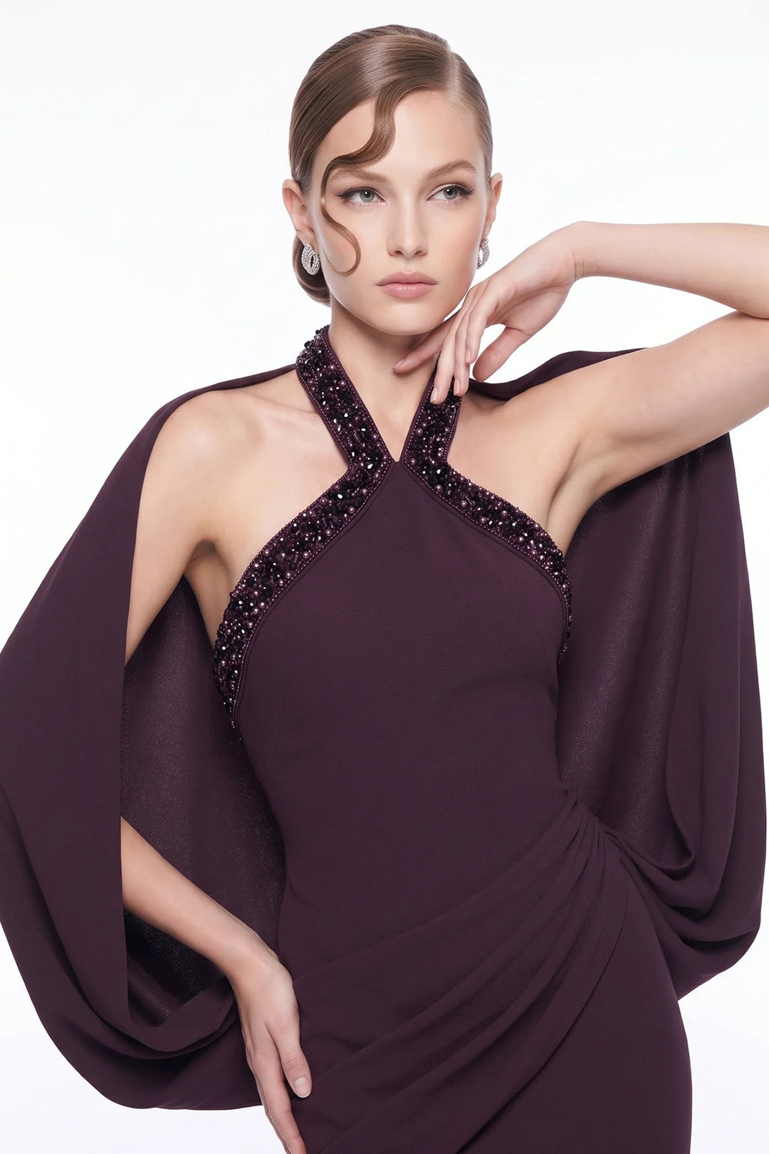 Beaded Halter Neckline Cape Column Dress